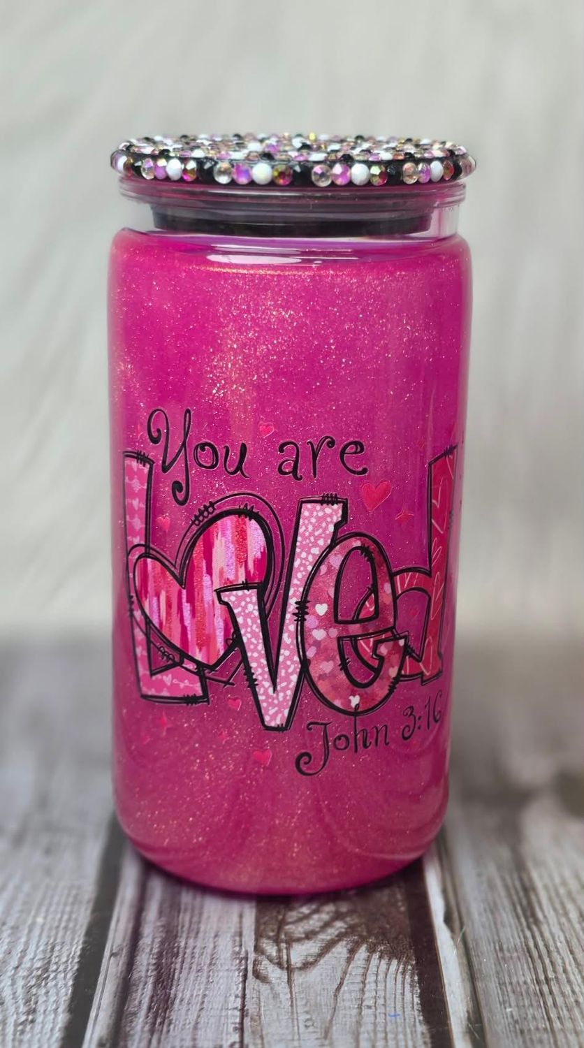 16oz Acrylic Snowglobe with Pink Glittery Cat Eye Effect ~ You Are Loved