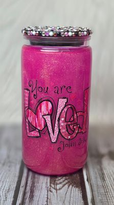 16oz Acrylic Snowglobe with Pink Glittery Cat Eye Effect ~ You Are Loved