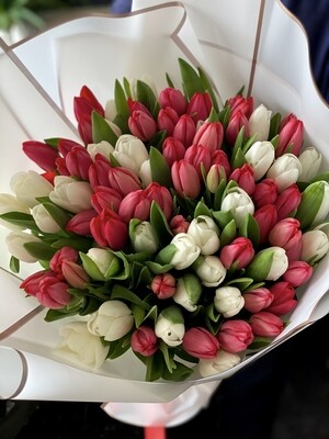 75 WHITE AND RED TULIPS HAND-CRAFTED BOUQUET