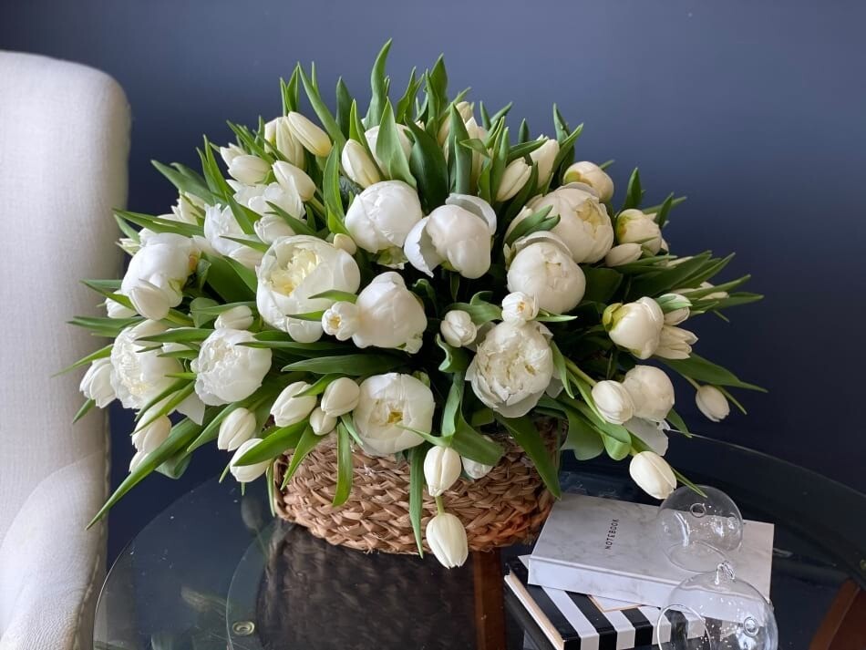 Tulips And Peonies Arrangement In A Basket