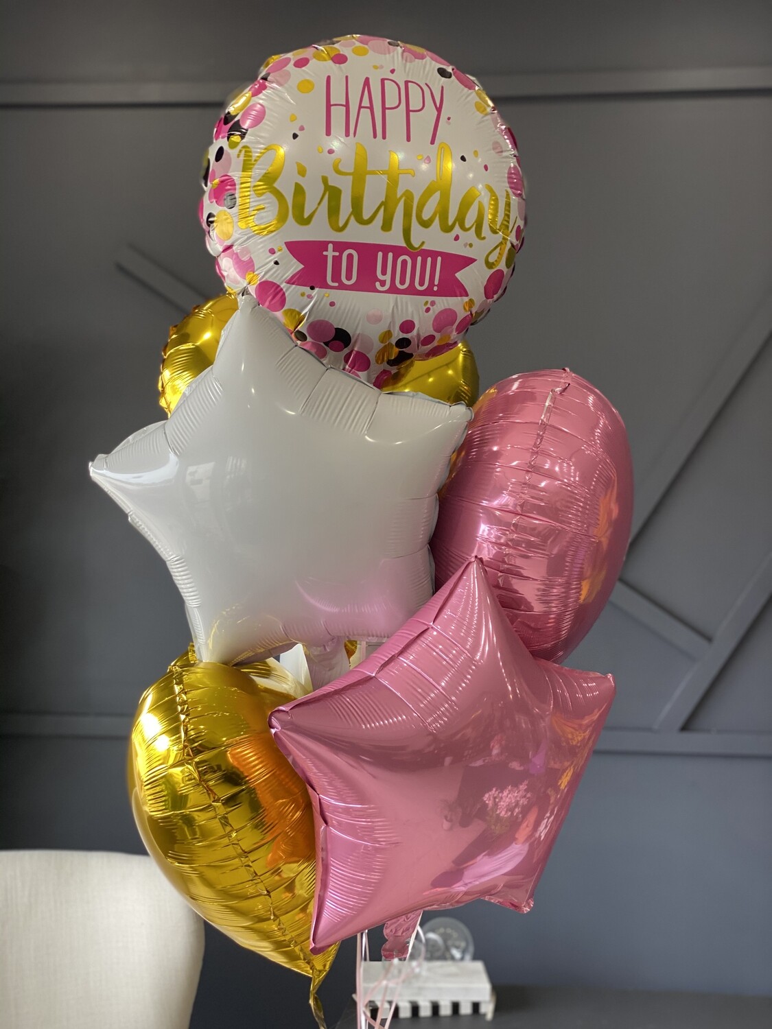 Gold, Pink and White Happy Birthday Balloons