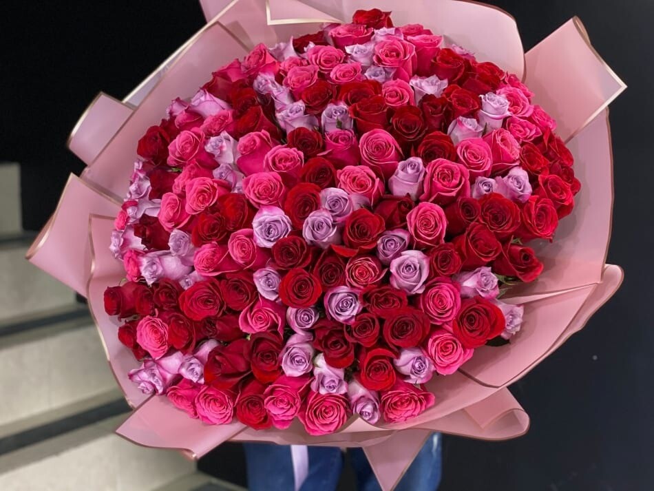 150 HOT PINK, LAVENDER AND RED ROSES HAND-CRAFTED BOUQUET