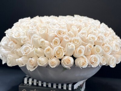 150 White Roses In A Cement Bowl 150 White Roses In A Cement Bowl