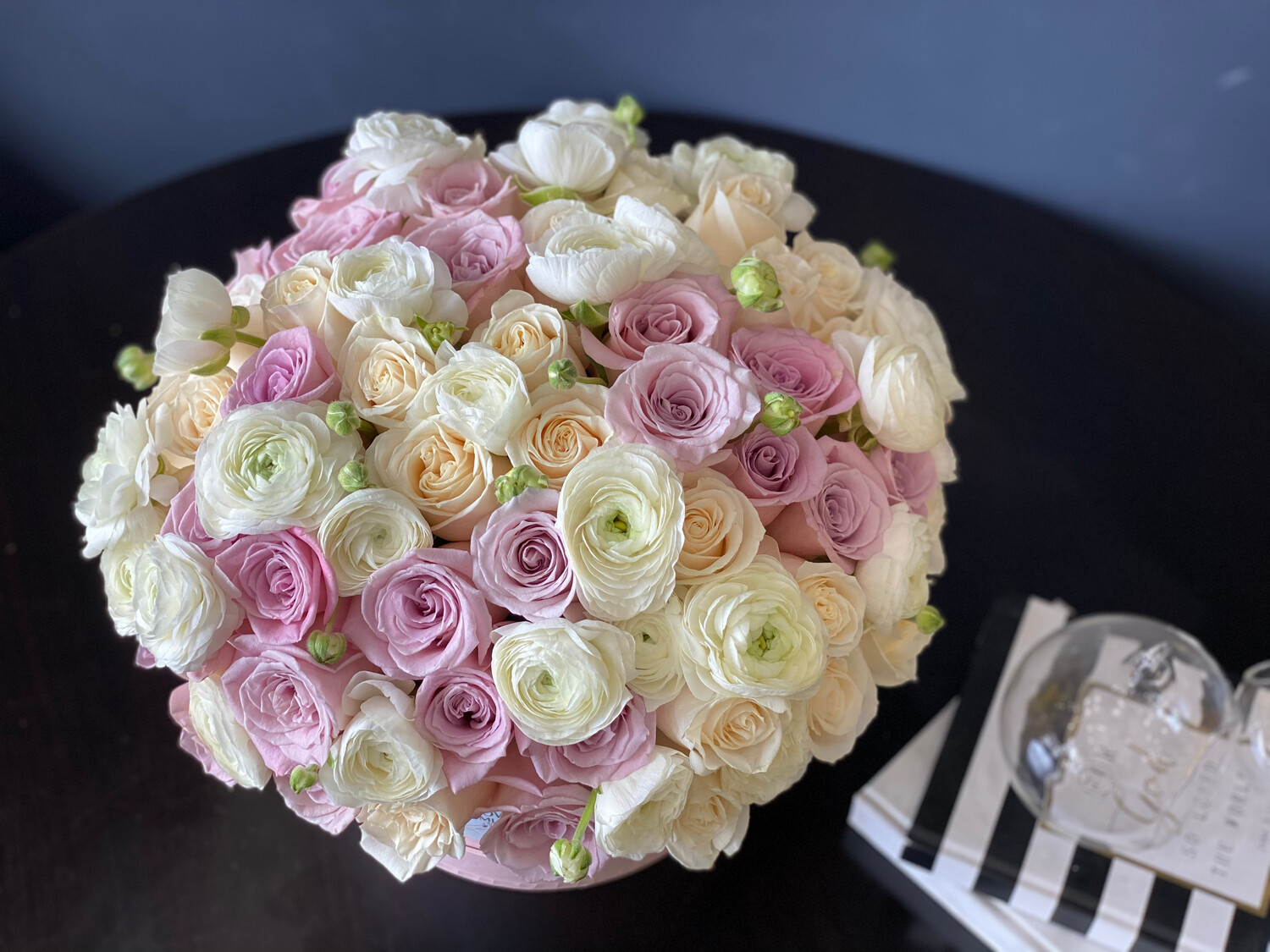 Boxed Design with roses and ranunculus