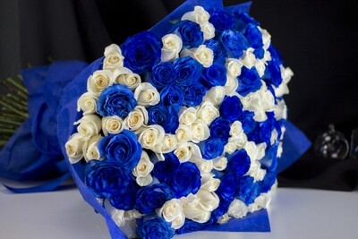 100 WHITE AND BLUE  ROSES BOUQUET