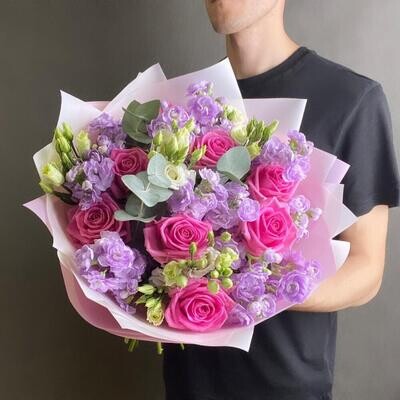 HAND-CRAFTED EUROPEAN BOUQUET IN PINK AND LAVENDER COLORS