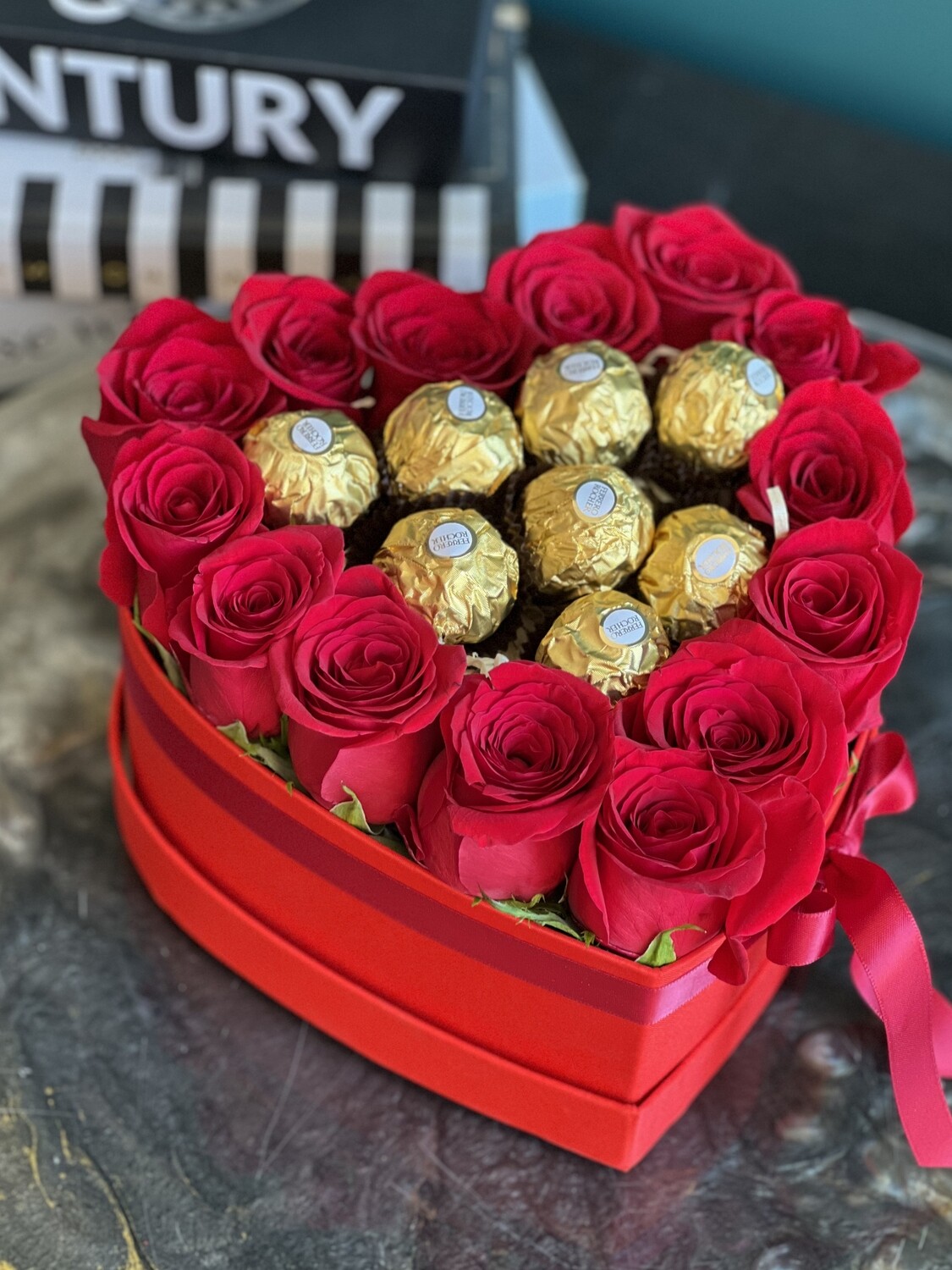 FRESH-CUT RED ROSES WITH CHOCOLATE  IN A BOX