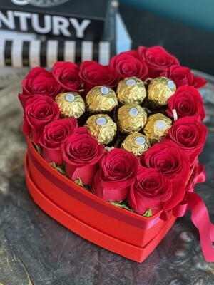 Fresh-Cut Red Roses With Chocolate In A Box