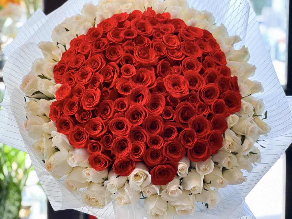 150 RED AND WHITE ROSES HAND-CRAFTED BOUQUET