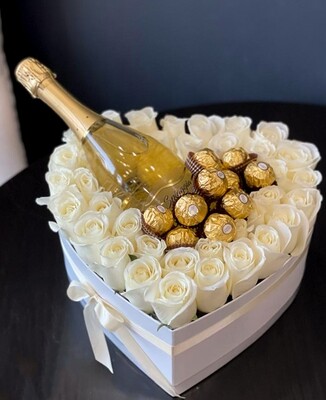 Gift Set With White Roses, Champagne And Chocolates