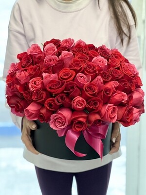 75 Red And Hot Pink  Roses Arrangement In A Box