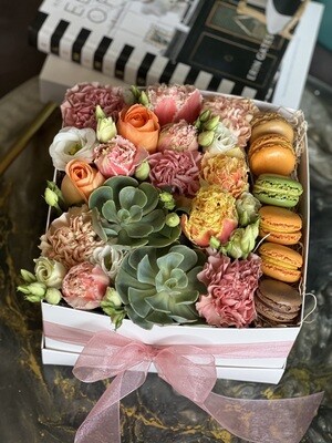 Box With Flowers And Macaroons