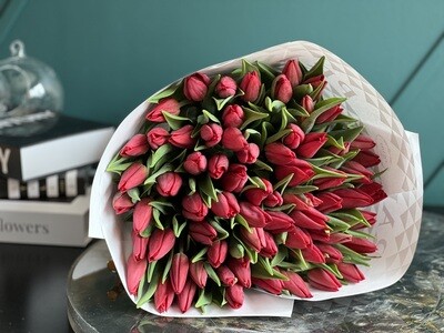 100 Red Tulips Hand-Crafted Bouquet