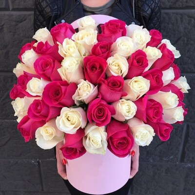 50 White and Hot pink Roses In A Box