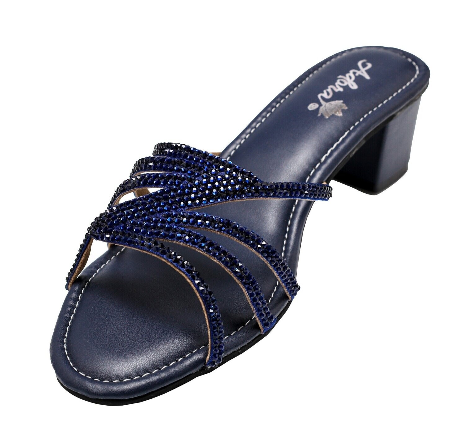 Ava Designer Sandal, Crystal Hot Fix Stones Minimalistic Comfortable. Adora  ASI588 Heels Nevy Blue