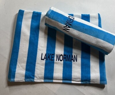 Lake Norman Towels | Lake Norman Beach Towel | White/Aqua Stripes