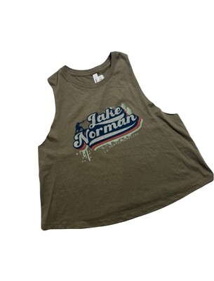 Lake Norman Shirts | Retro Lake Norman | Heather Olive | Women's Racerback Cropped Tank