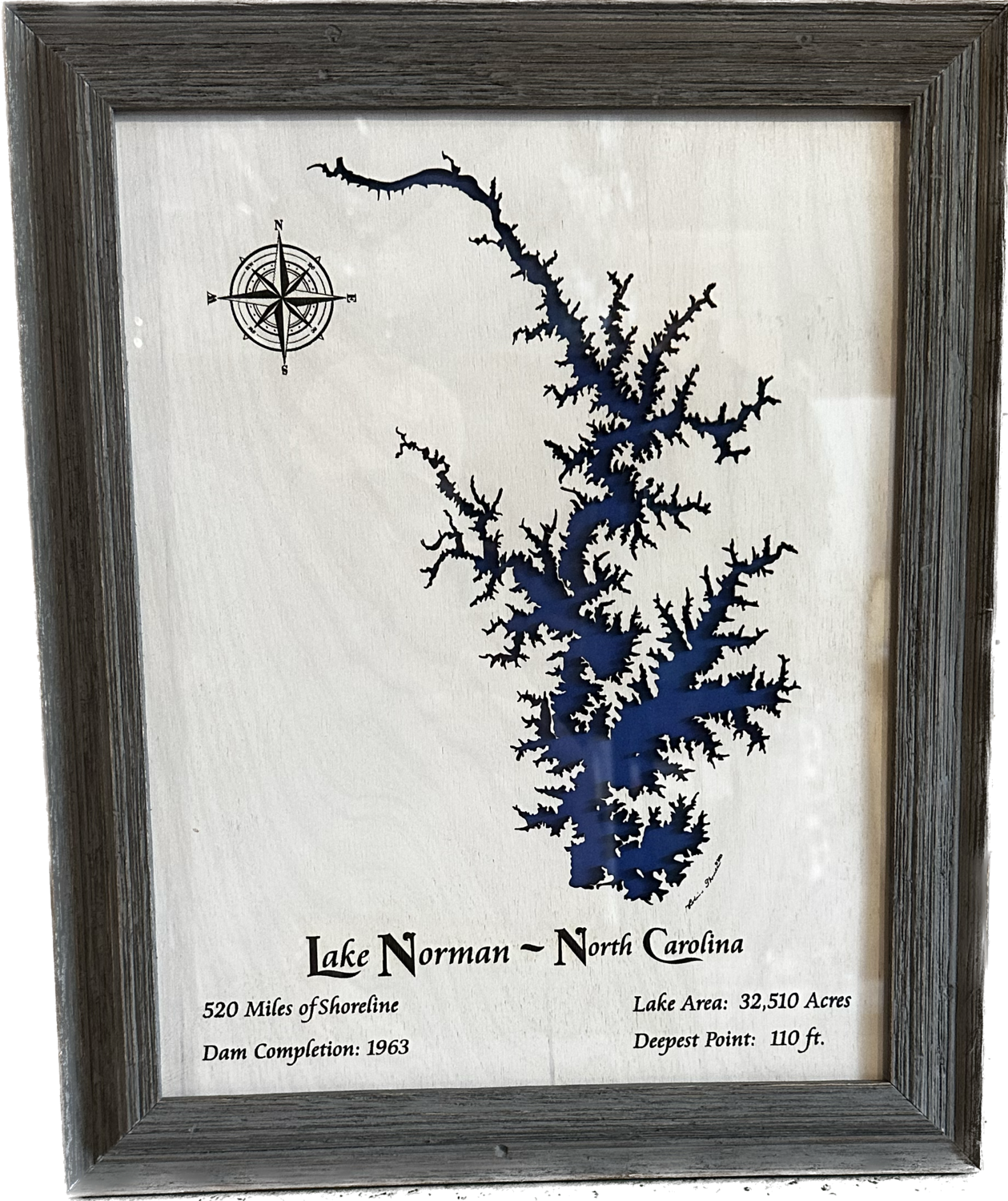 Lake Norman Wall Art | 14x17 Rustic Gray Frame Map