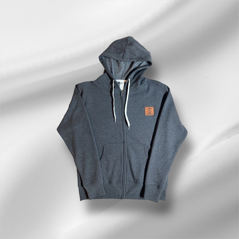 Lake Norman Shirts | Well Heeled Anchor w/ Leather Patch Full Zip Fleece - Heather Black