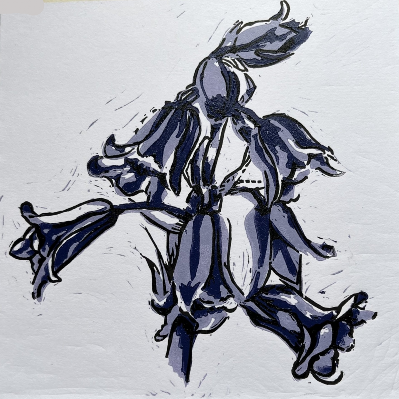 Handprinted lino Bluebell Card