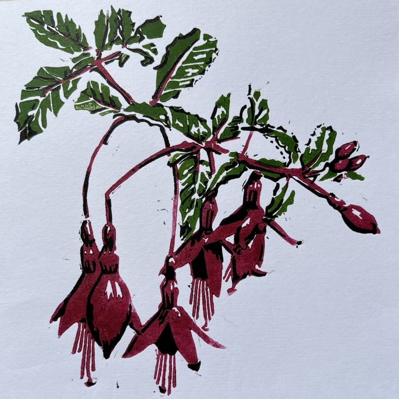 Handprinted lino Fuchsia card