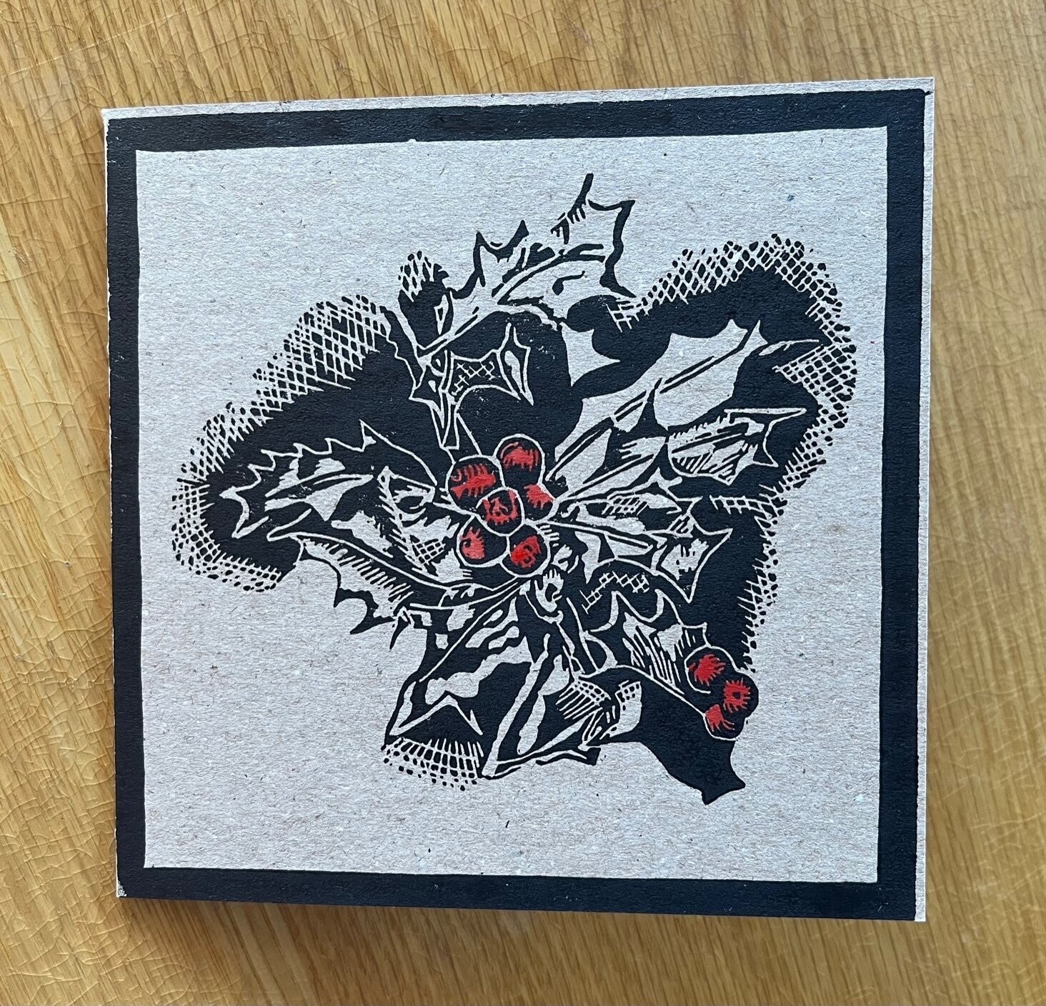 Handprinted and tinted holly card