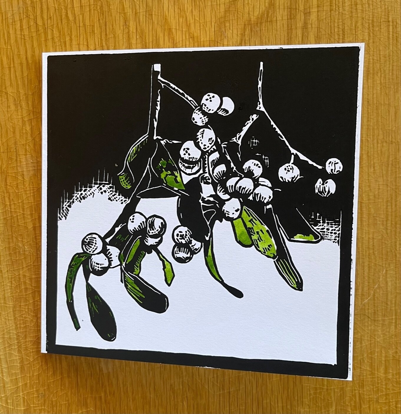 Handprinted & tinted Mistletoe Card