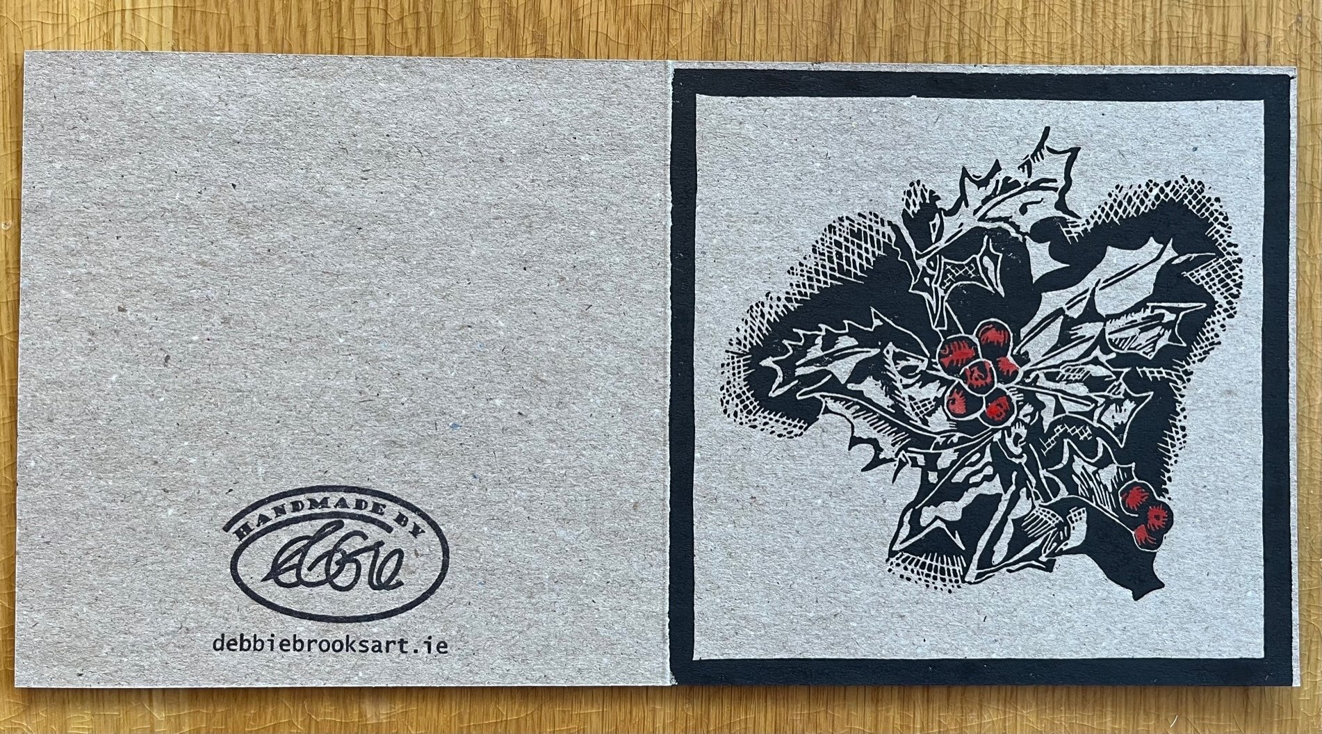 Handprinted and tinted holly card