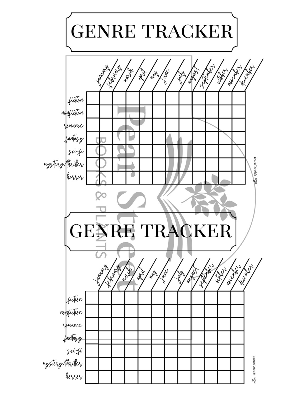 Monthly Genre Tracker Printable for Book Journal, minimalist design