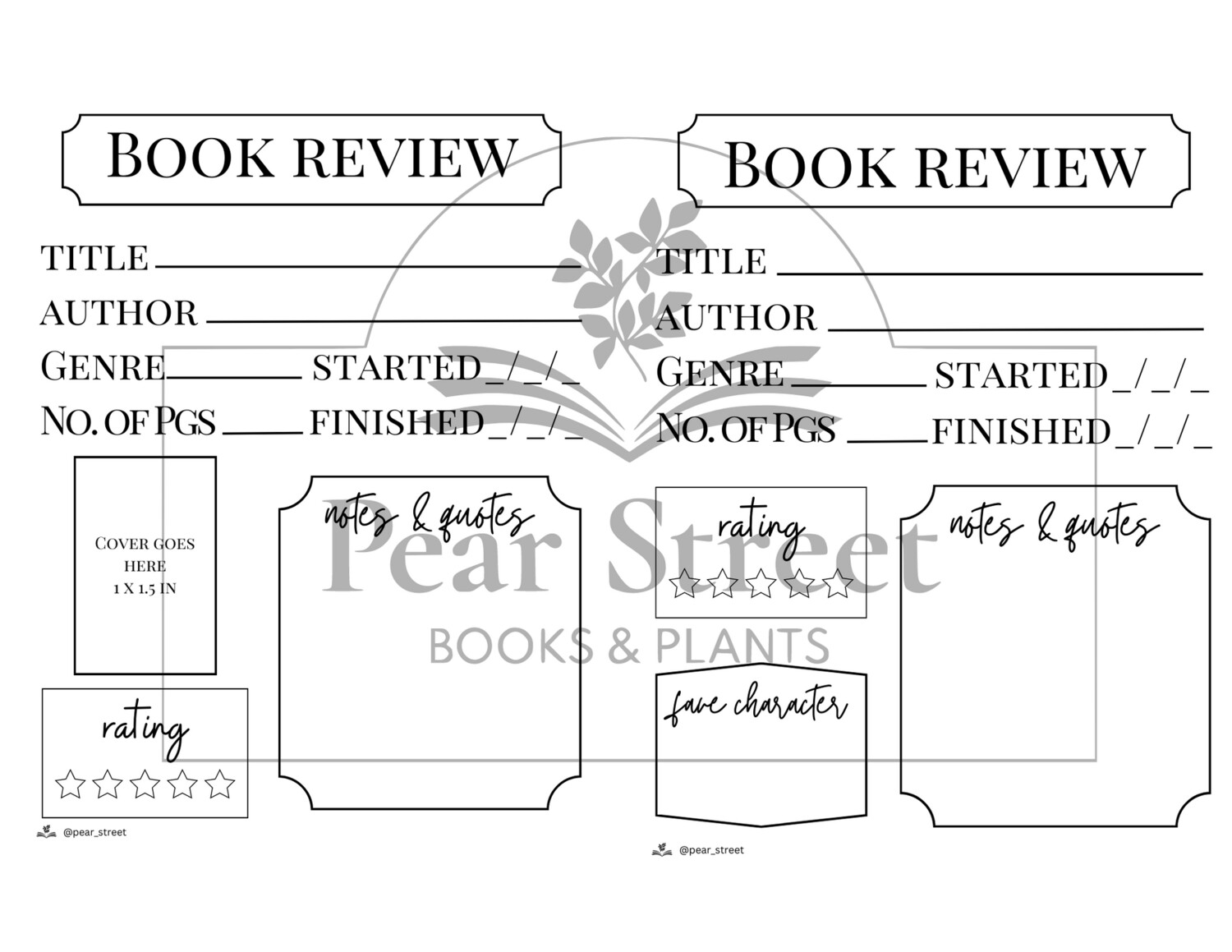 Book Review Printable for Book Journal, 2 versions, minimalist design