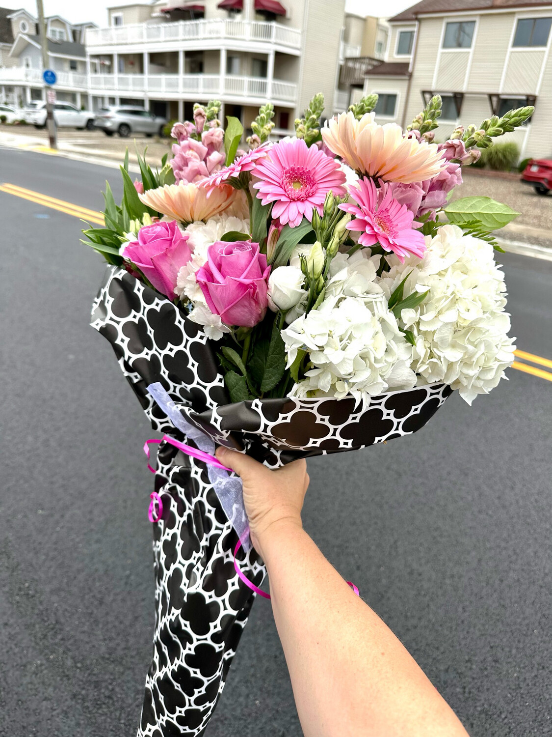 $100 Seasonal Wrapped Fresh Flower Bouquet (no vase)