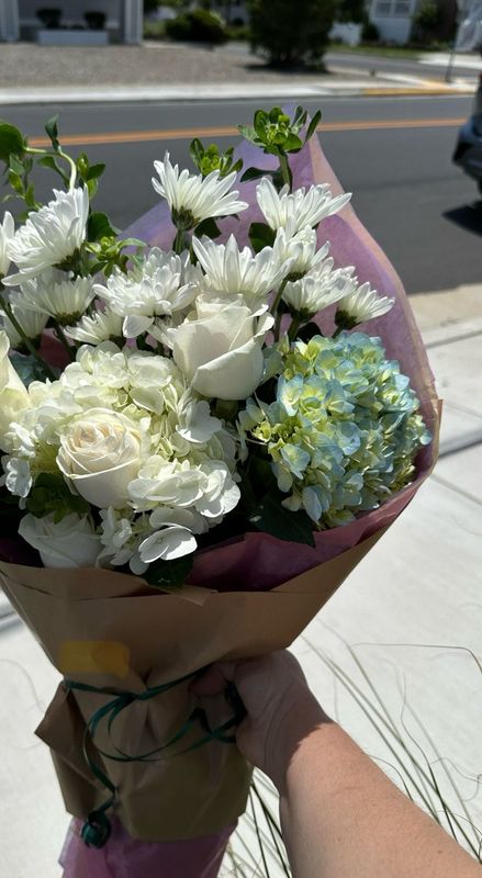 fresh flowers wrapped in white and blue coastal hues for delivery to Stone Harbor and Avalon NJ