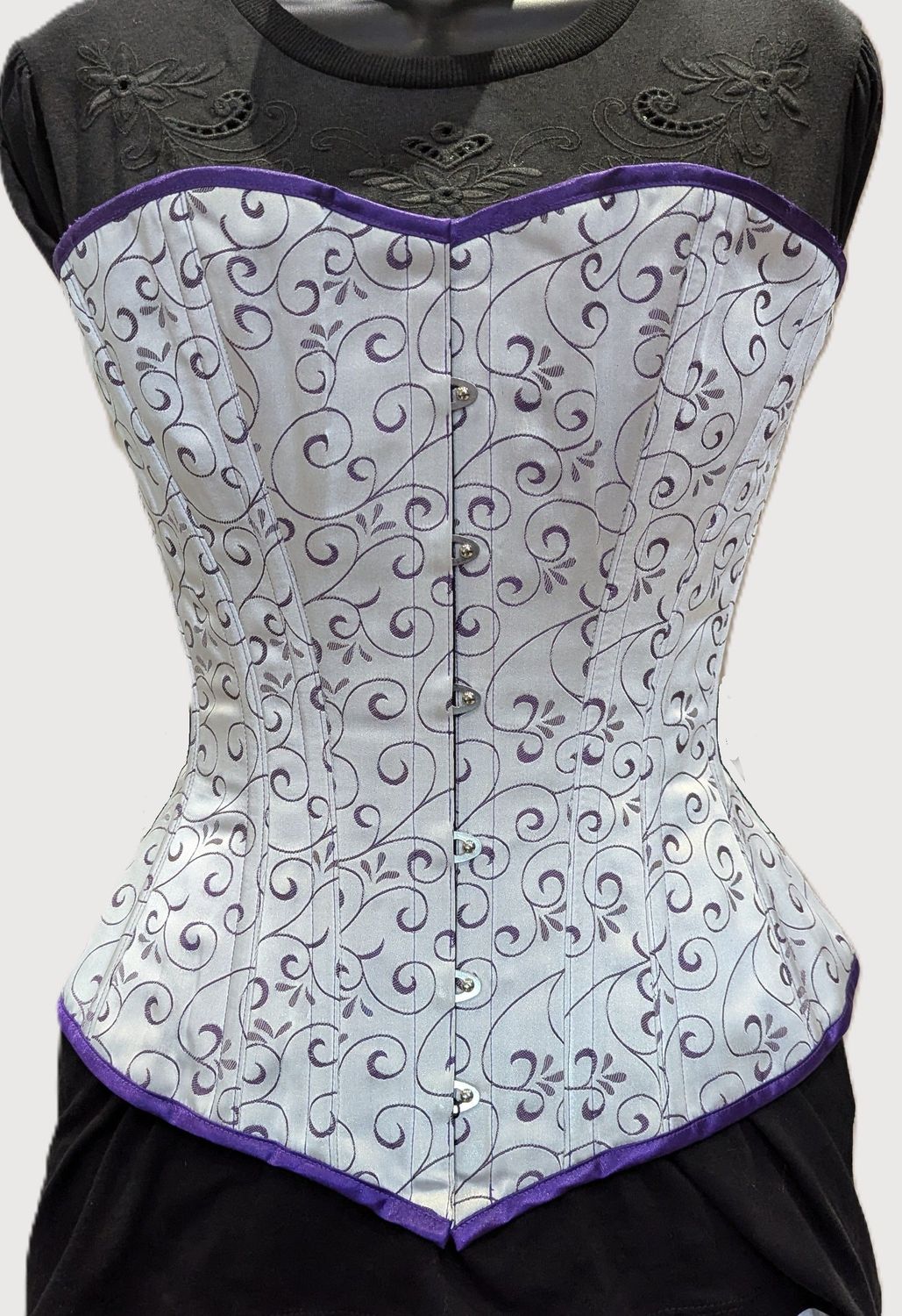 24" Overbust silver satin with purple swirl corset