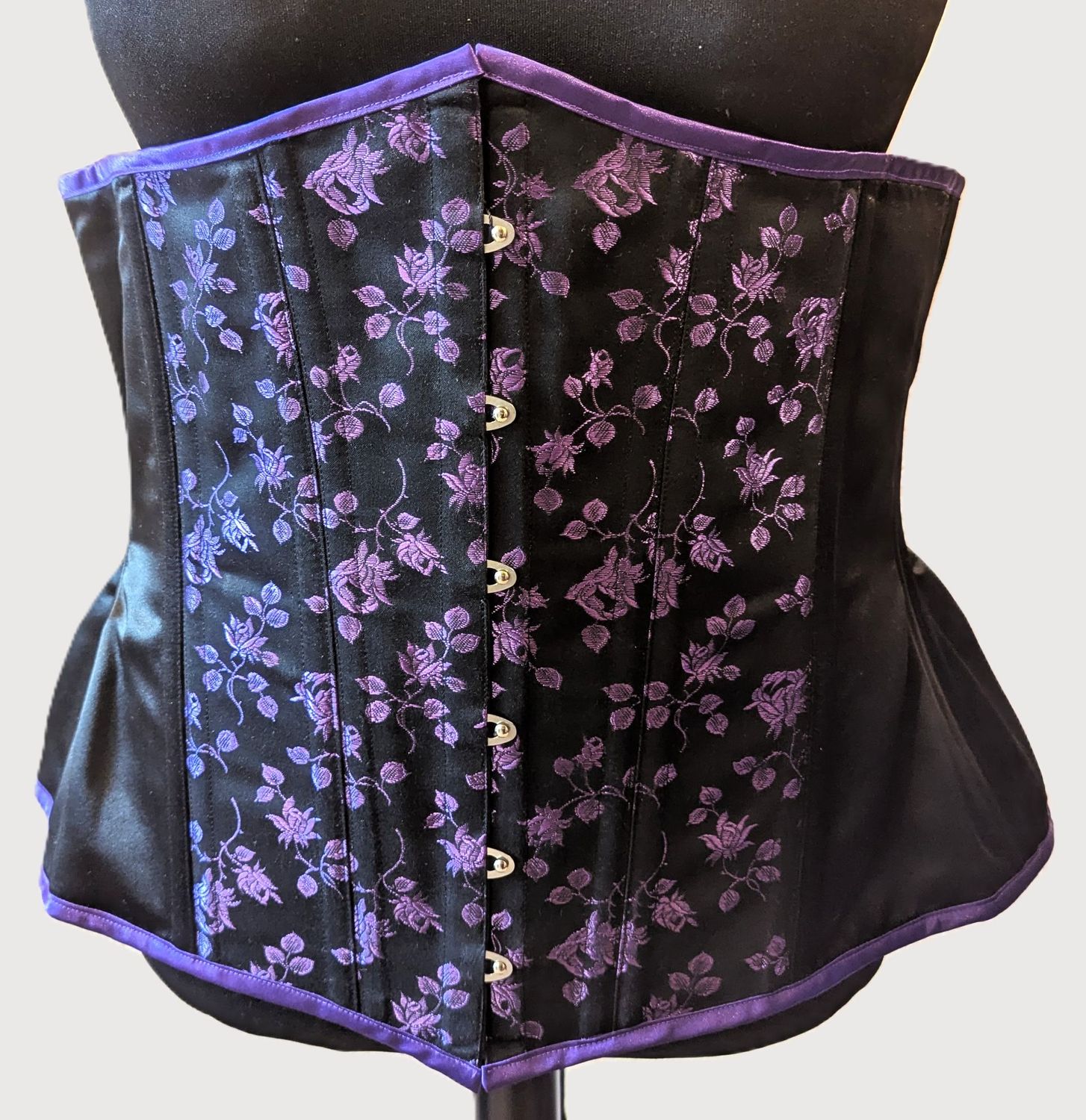 36" Underbust Black and purple rosebud corset