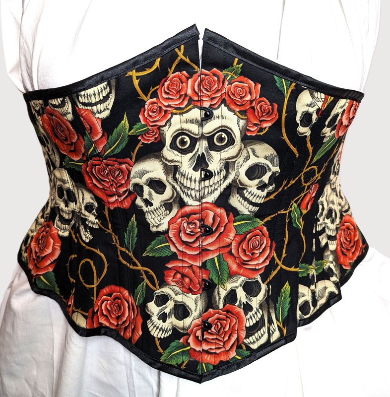 38" Underbust Skull and Roses cotton corset