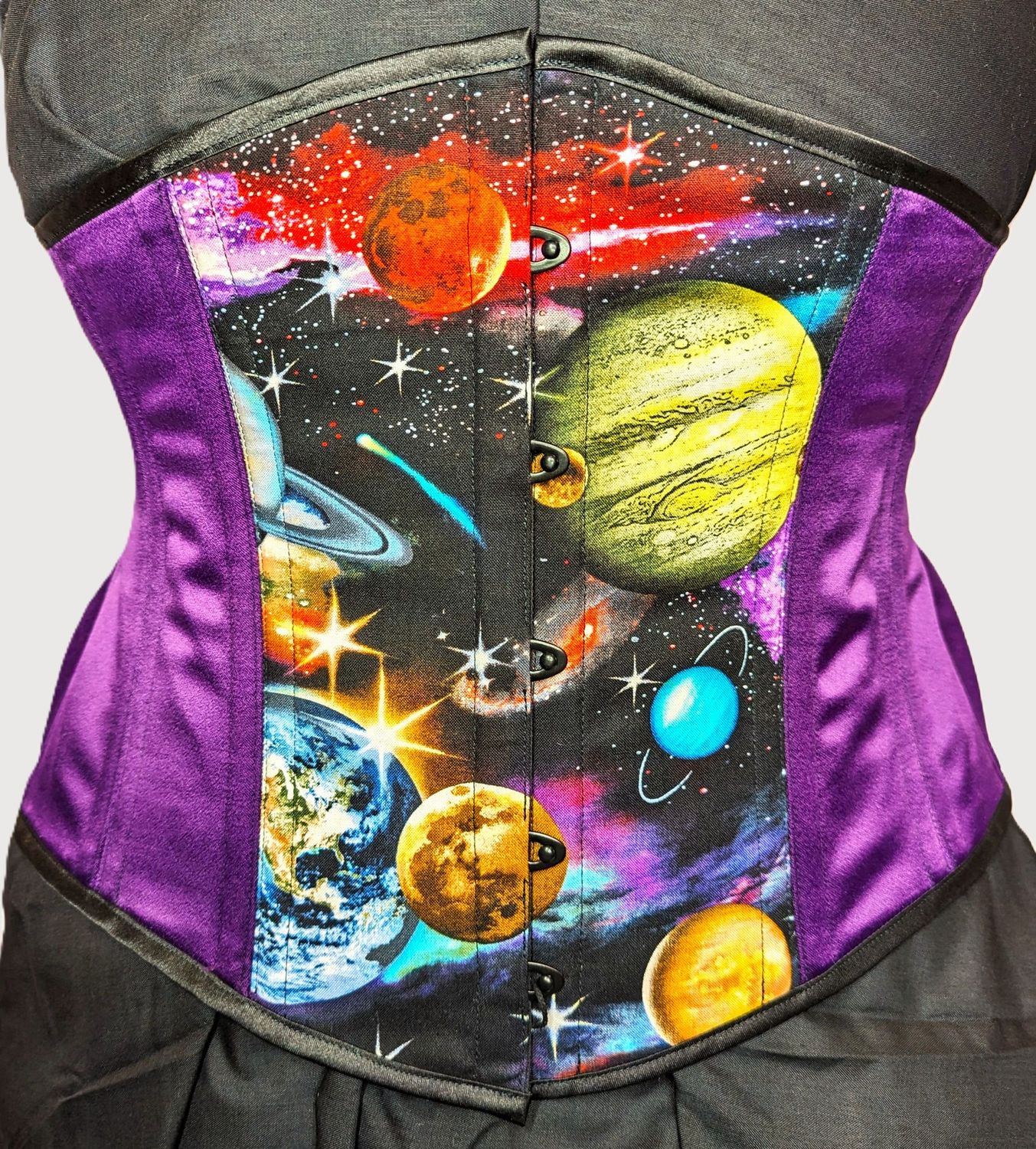 34" Underbust corset in Galaxy cotton and purple satin