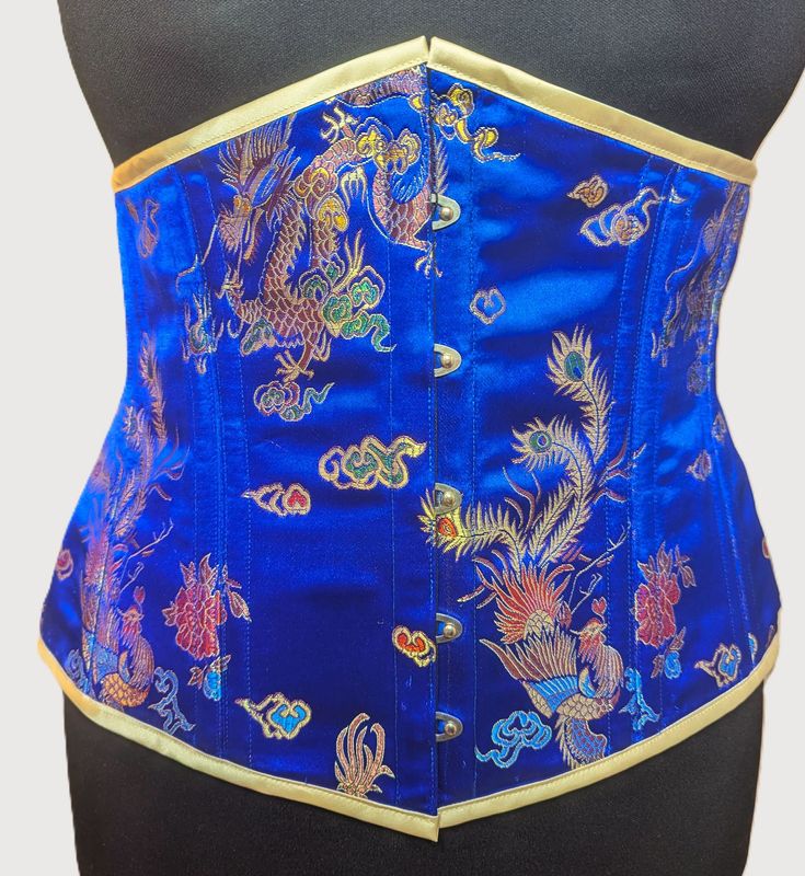 36" Underbust corset blue chines style jacquard
