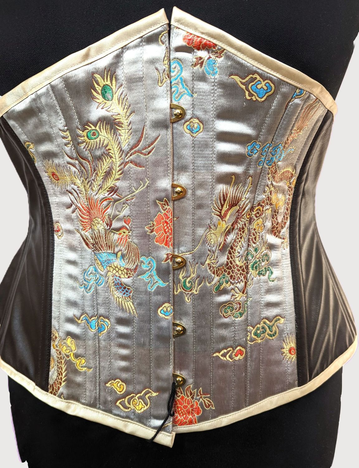 32" Underbust Faux Leather and chinese style fabric corset