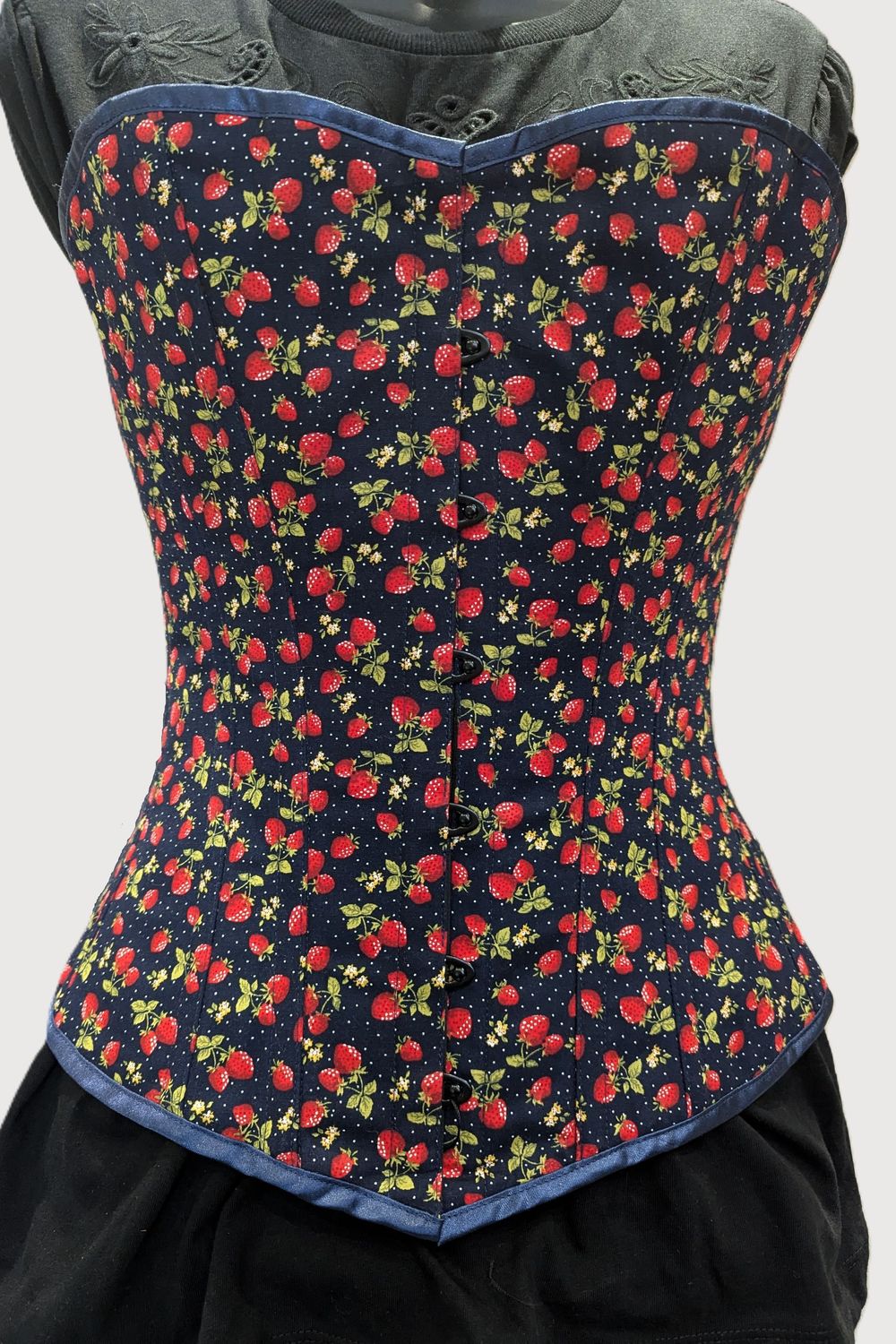 26 26" Overbust Navy blue with red Strawberries corset