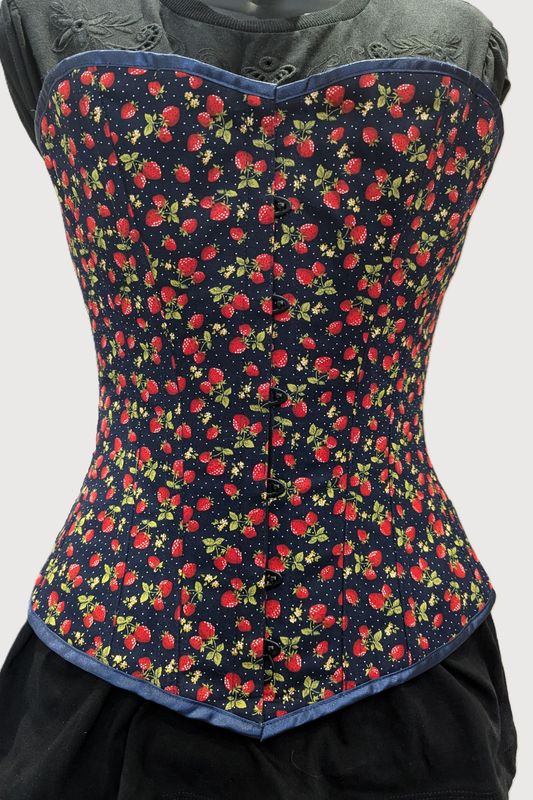 26 26" Overbust Navy blue with red Strawberries corset
