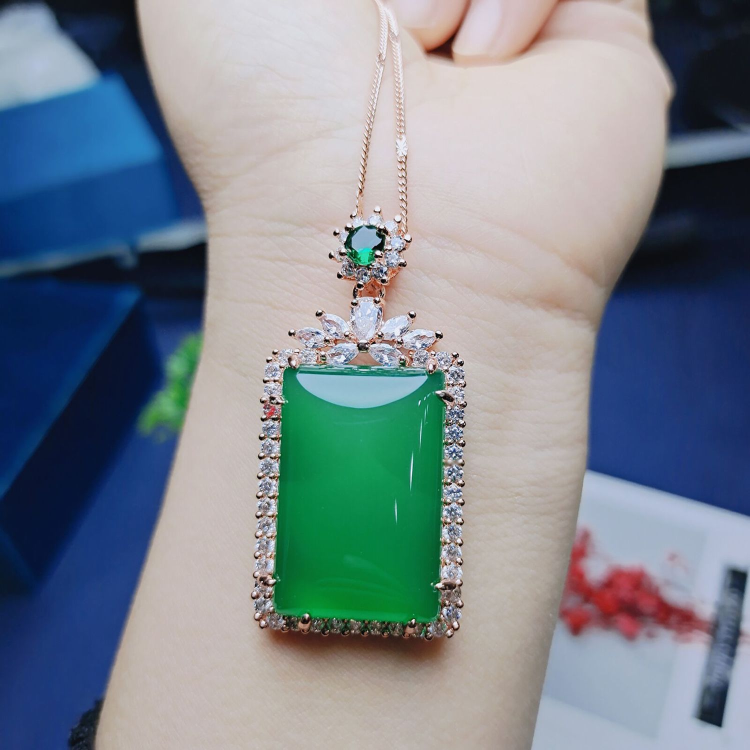 Natural Green Jade Rectangle jade chalcedony Pendant Necklace Jewelry Gifts