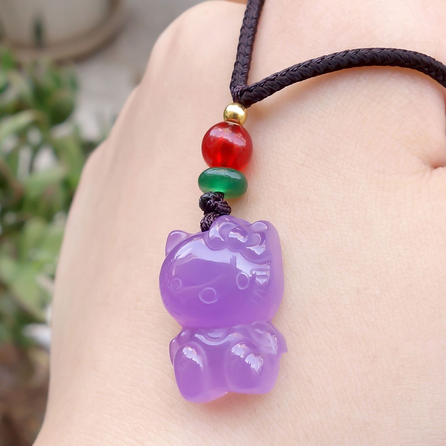 Carving Natural Pink Ice Jade Marrow Kitty Cat Pendant Lucky Necklace Amulet