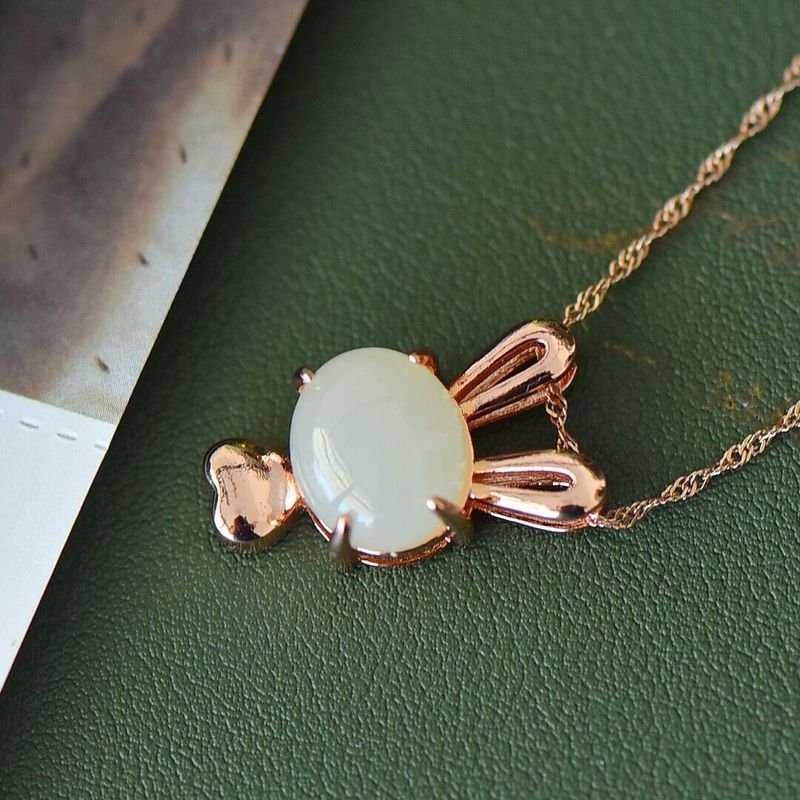 Natural White Jade Pendant Cute Rabbit Rose Gold Necklace Jewelry