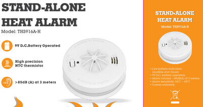 Stand Alone battery operated Heat Detector with Alarm THS916A-H