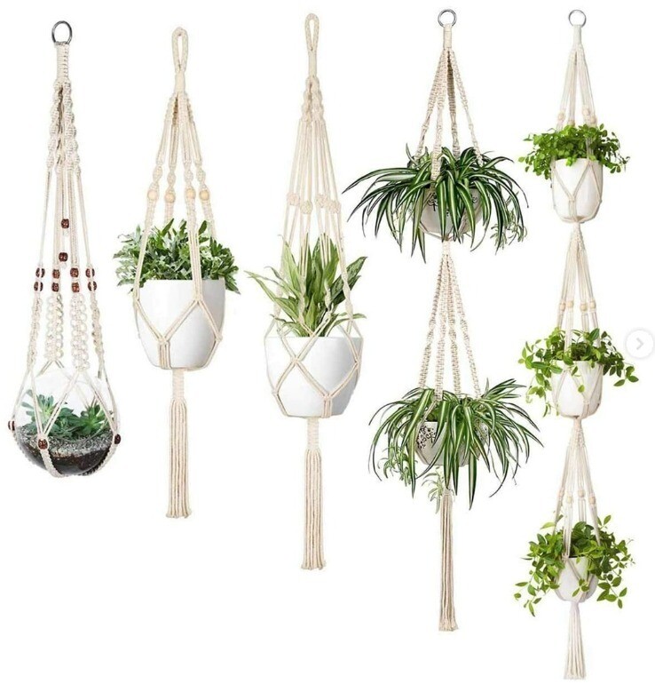 Macrame plant hangers with unique hand knotted designs