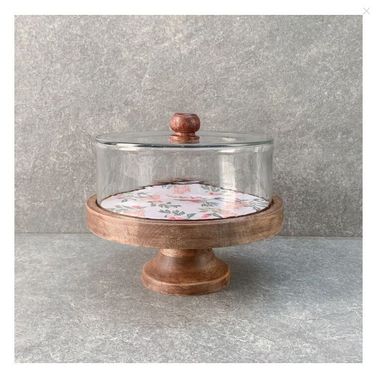 Camryn Glass Dome and Mango Wood Cake Stand