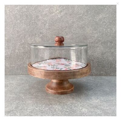 Camryn Glass Dome and Mango Wood Cake Stand