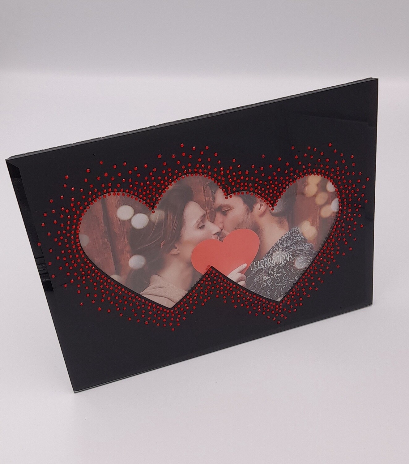 Black glass and diamante double heart photo frame