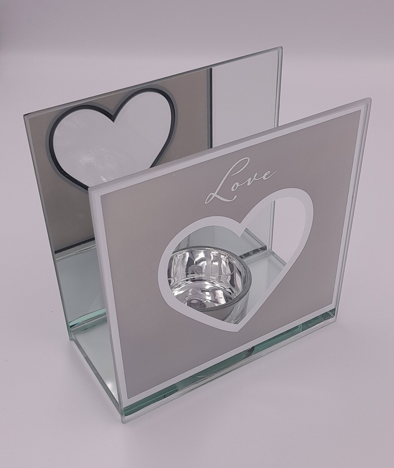 &#39;Love&#39; and heart motif mirrored glass tea-lite holder