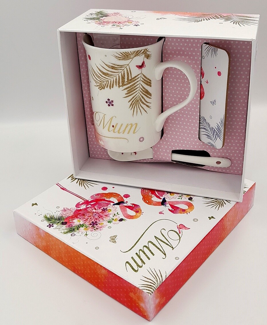 &#39;Mum&#39; mug, coaster and spoon flamingo gift set